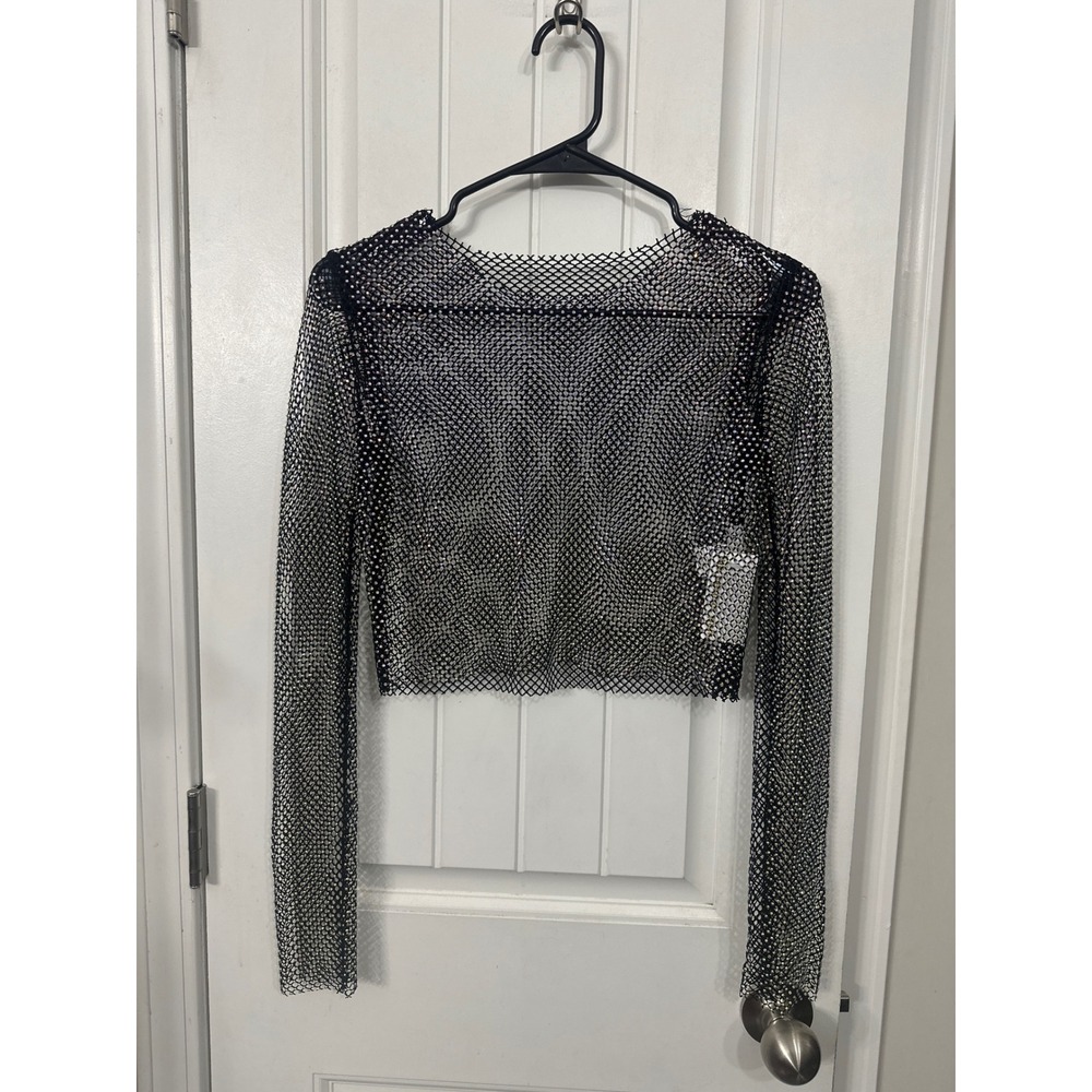 Hyfve Black Rhinestone Mesh Crop Top Long Sleeve Sheer Fishnet Festival Small
